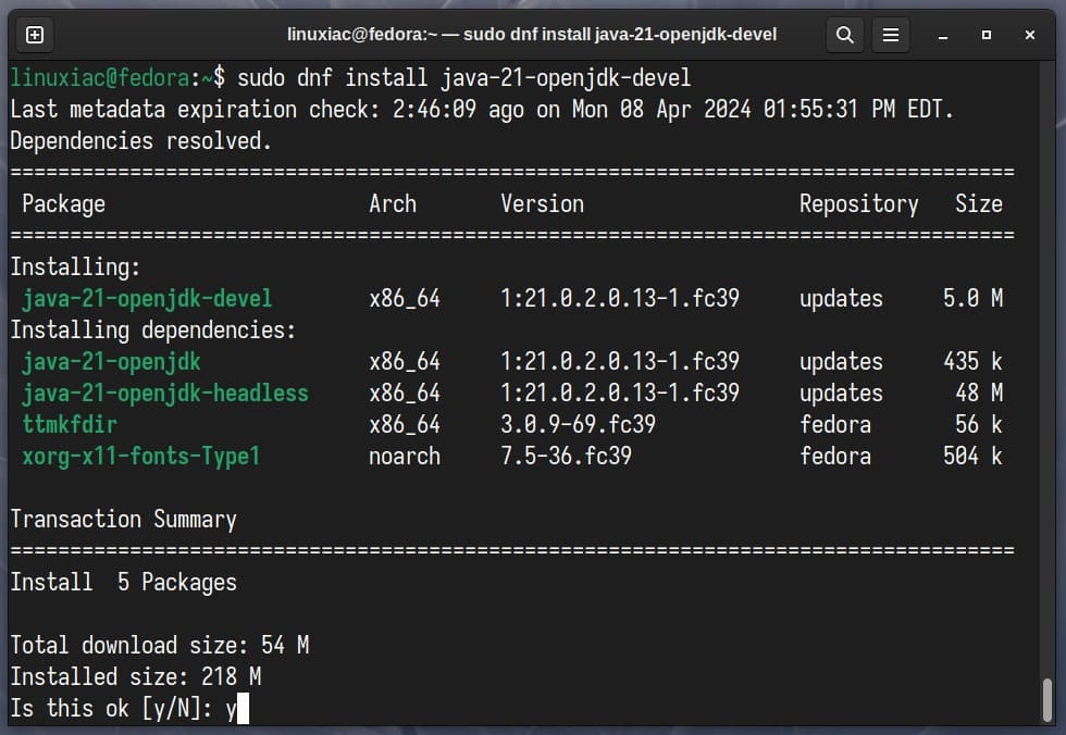 Installing OpenJDK 21 LTS on Fedora Linux.