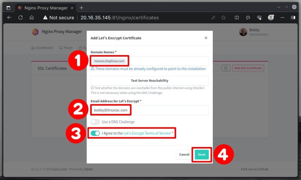 Issuance of SSL certificate with Nginx Proxy Manager.