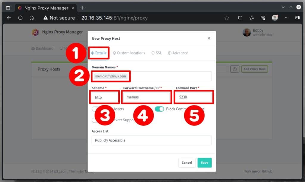 Adding a proxy host to Nginx Proxy Manager.