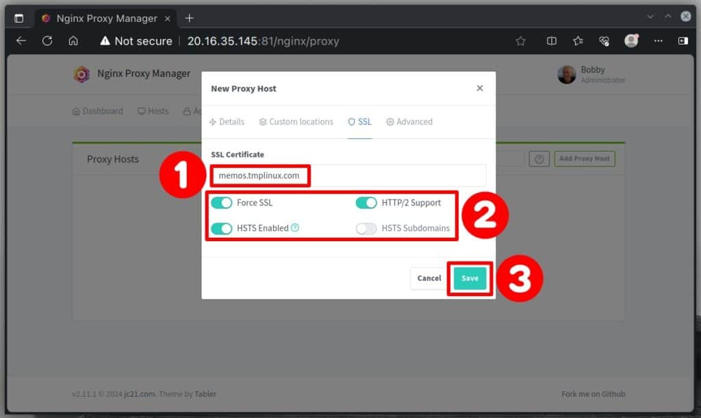 Set SSL certificate in Nginx Proxy Manager.