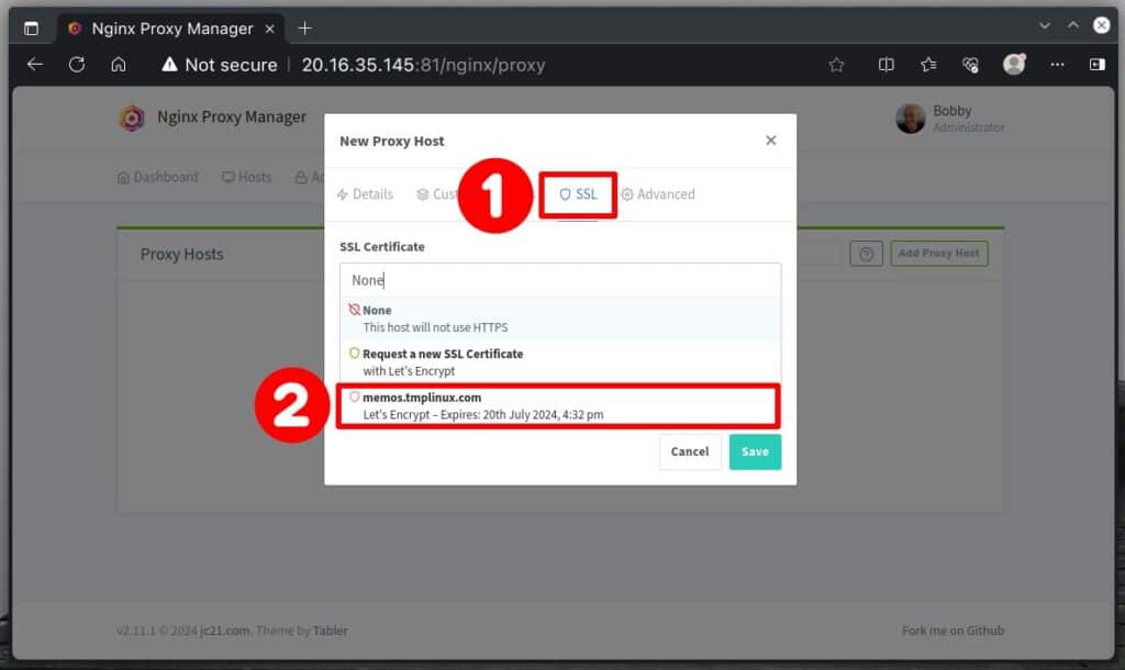 Set SSL certificate in Nginx Proxy Manager.