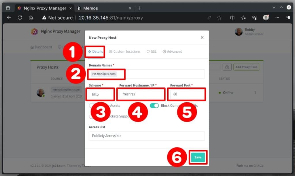 Adding a proxy host to Nginx Proxy Manager.