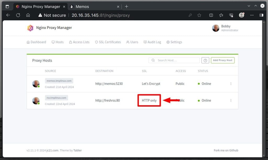 Configuring a reverse proxy (without using SSL) in NPM.