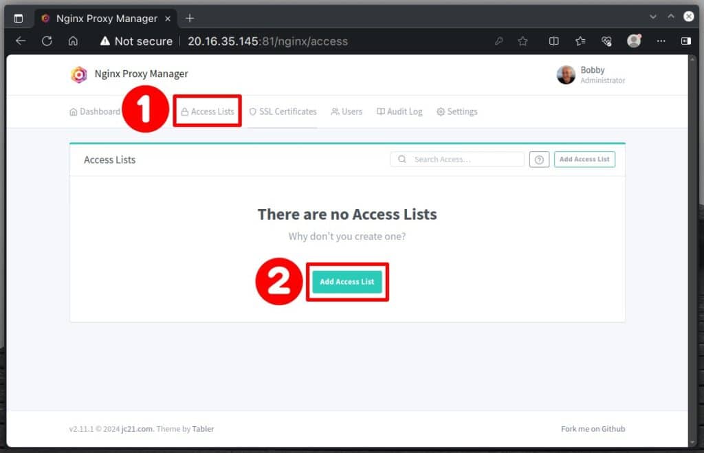 Restricting access by IP address in Nginx Proxy Manager.