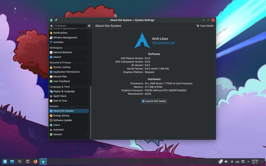 Arch Linux is running on Wayland with NVIDIA GPU.