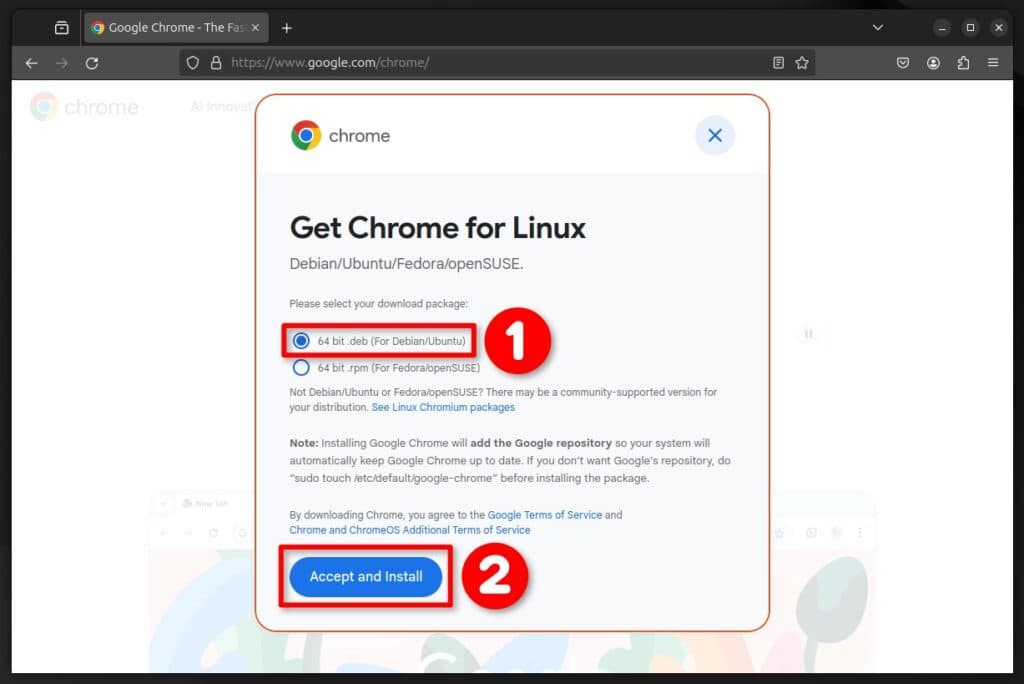 Download the Google Chrome Linux installation package.