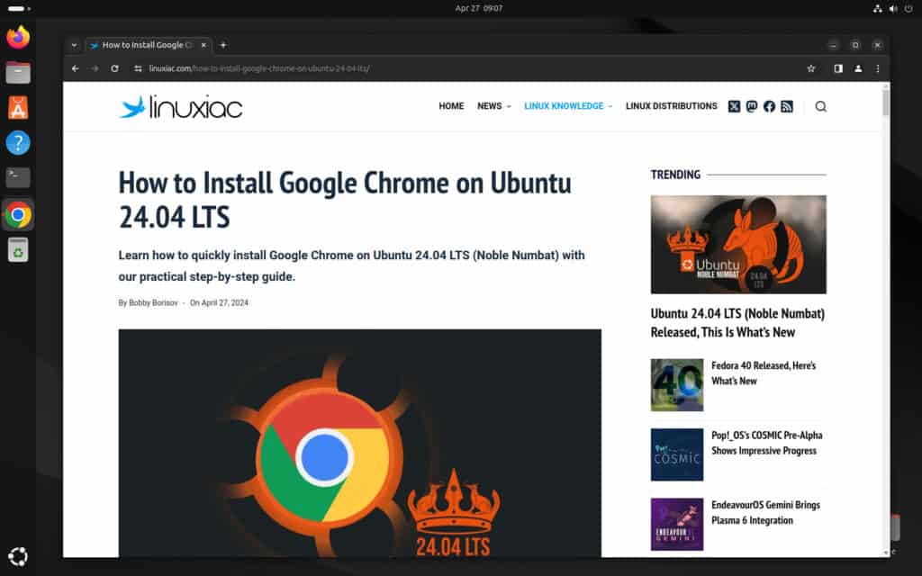 Google Chrome web browser successfully installed on Ubuntu 24.04 LTS.