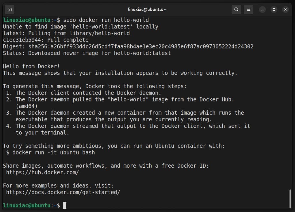 Docker successfully installed, up & running on Ubuntu 24.04 LTS.