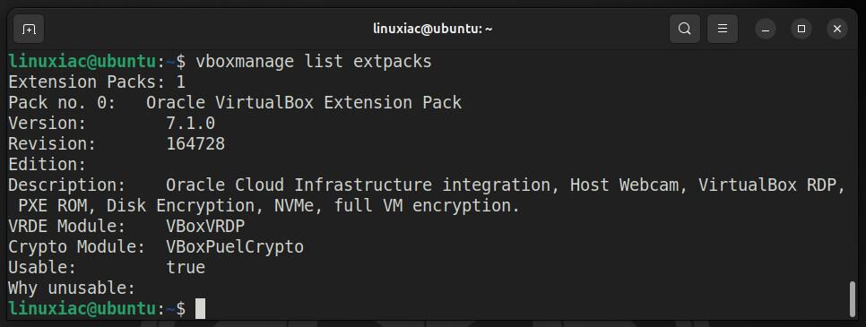 Verify the installed VirtualBox Extension Pack version.