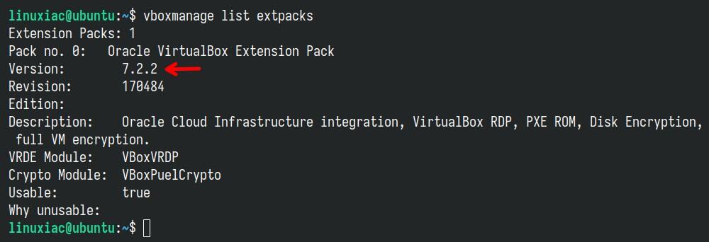 Verify the installed VirtualBox Extension Pack version.
