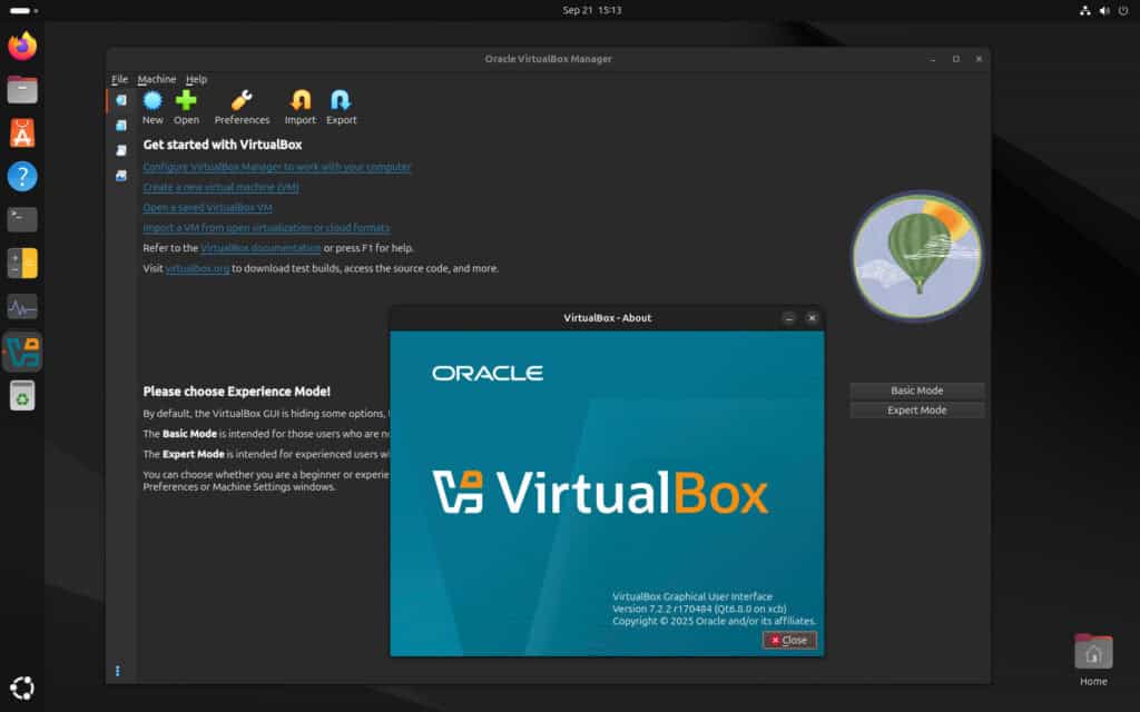 VirtualBox is installed and runs on Ubuntu 24.04 LTS.