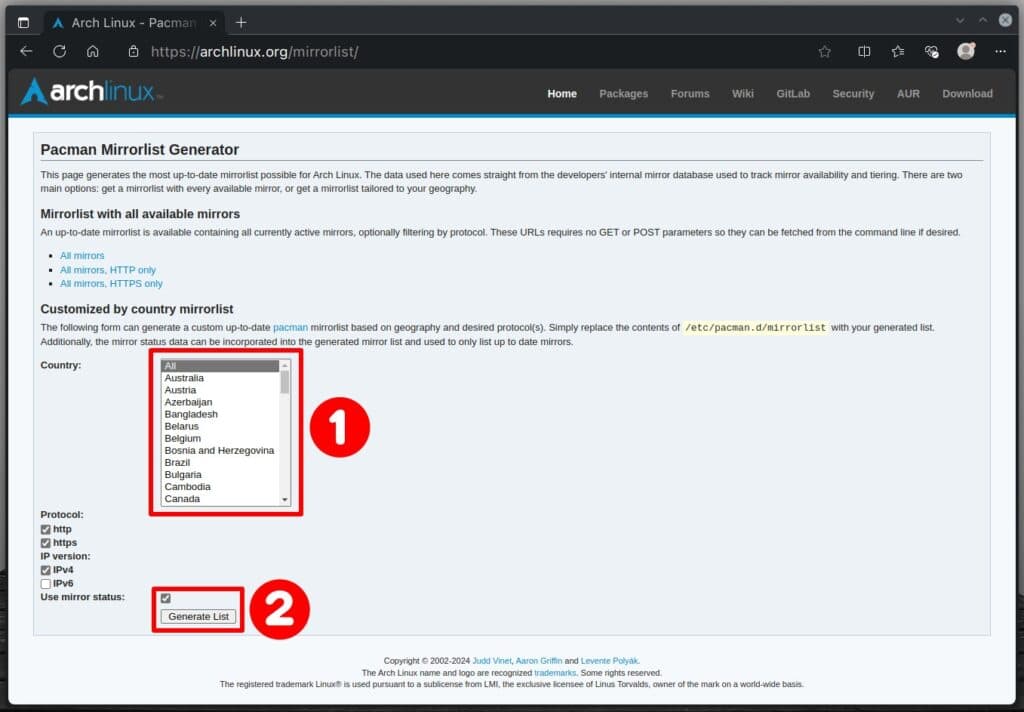 Generate mirrorlist file via Arch's online tool.