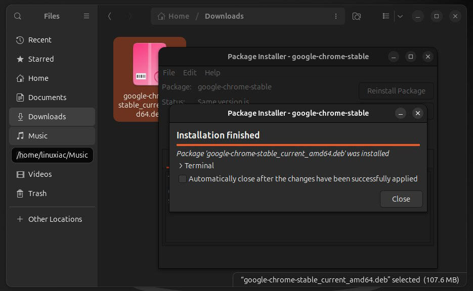 Installing DEB file in Ubuntu 24.04 using the GDebi app.