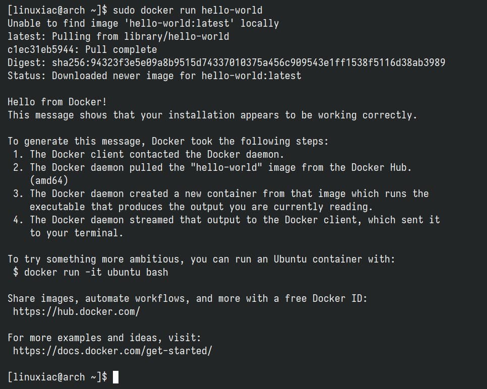 Docker successfully installed, up & running on Arch Linux.