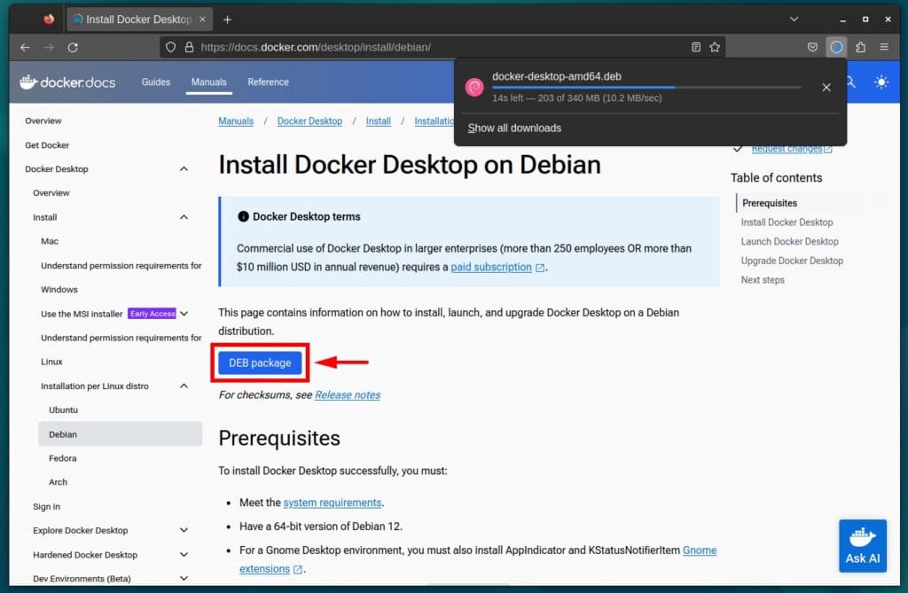 Download Docker Desktop installation package for Debian 12.