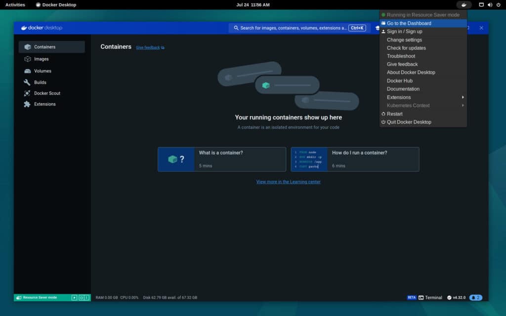 Docker Desktop successfully installed and running on Debian 12.