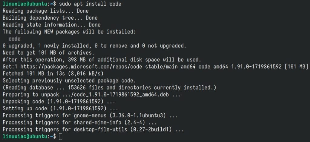 Installing VS Code on Ubuntu 24.04 LTS.