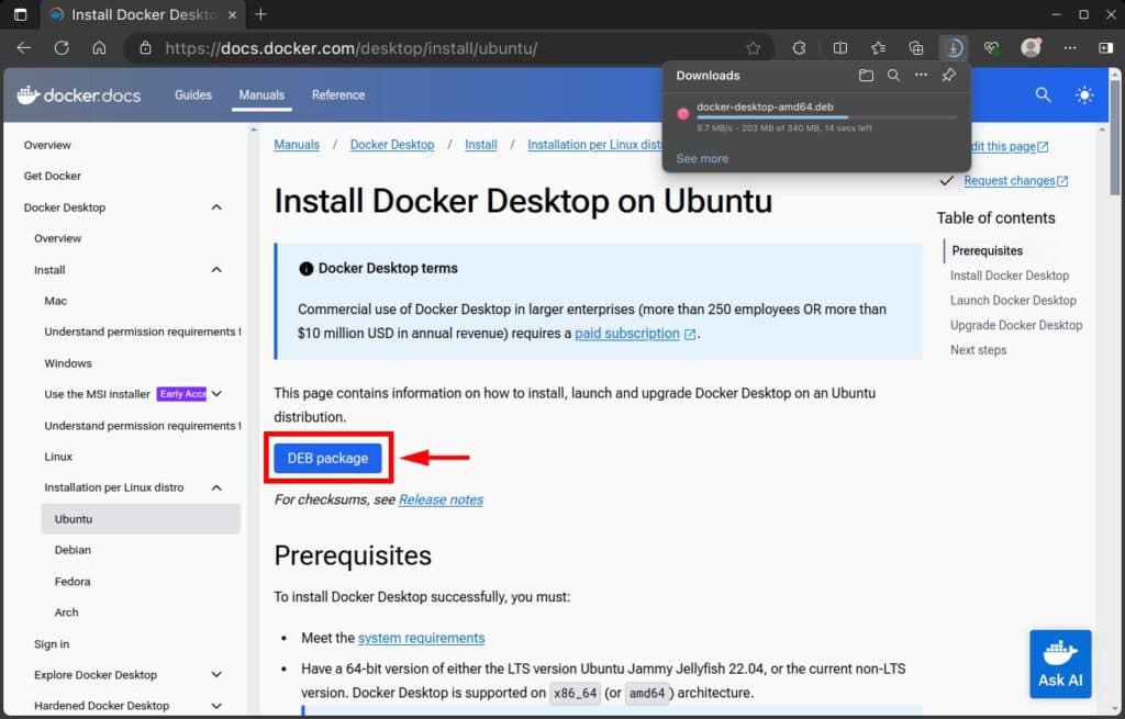 Download the Docker Desktop installation package for Ubuntu.