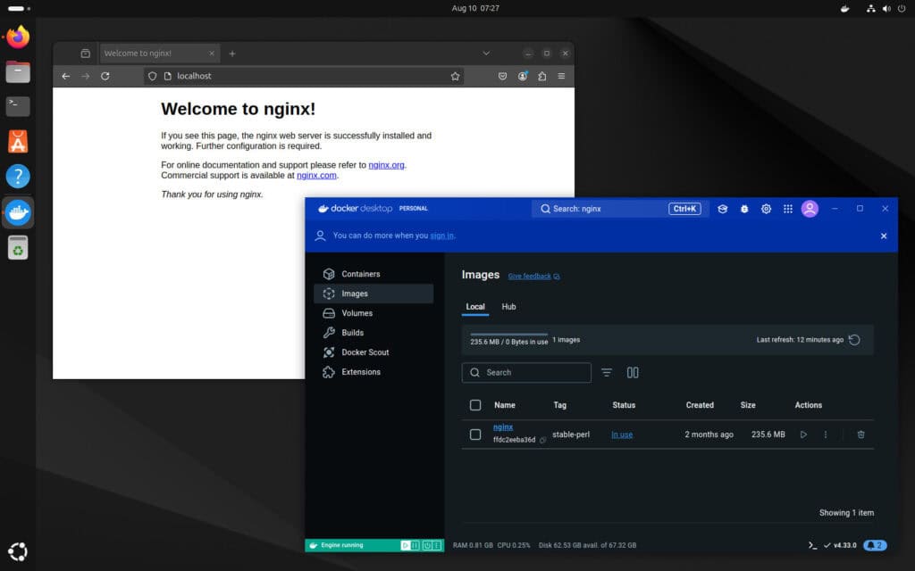 Running containers using Docker Desktop on Ubuntu 24.04 LTS.
