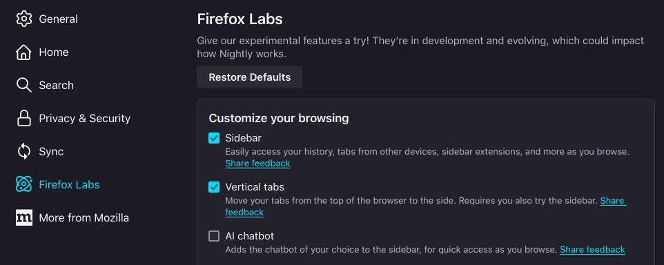 Enable vertical tabs in Firefox's Nightly builds.