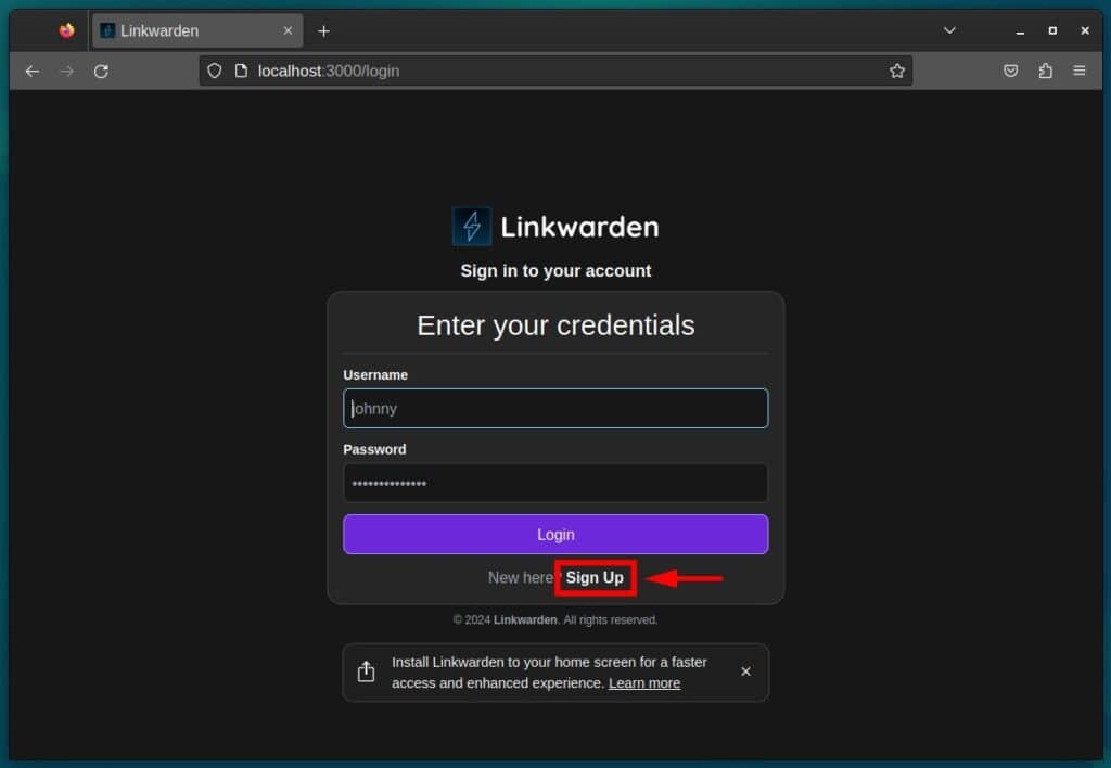 Create a new Linkwarden user.