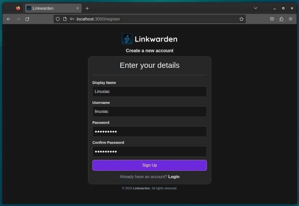 Create a new Linkwarden user.