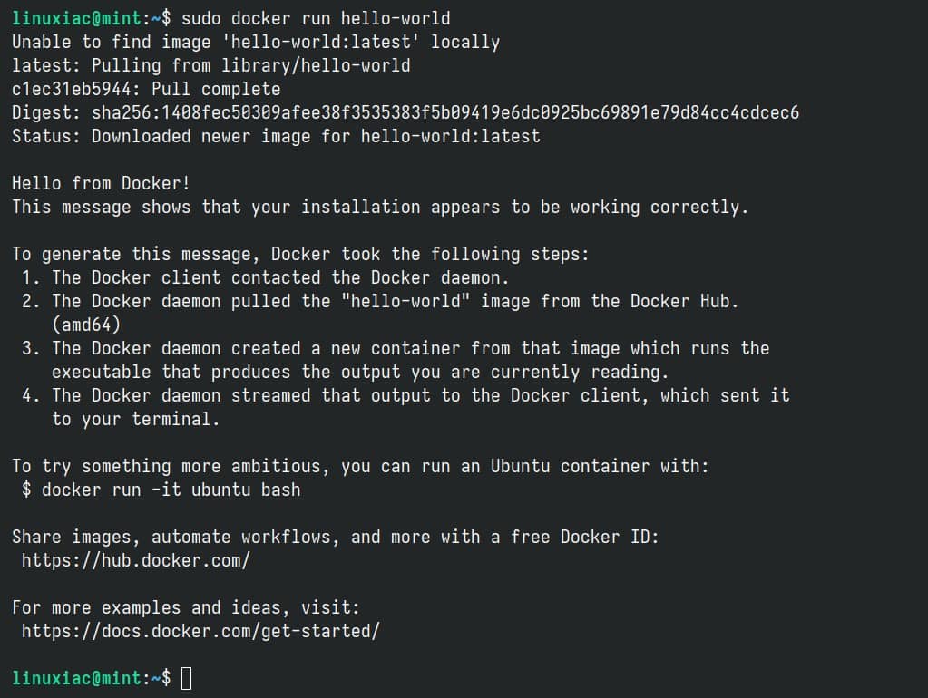 Docker successfully installed, up & running on Linux Mint 22.