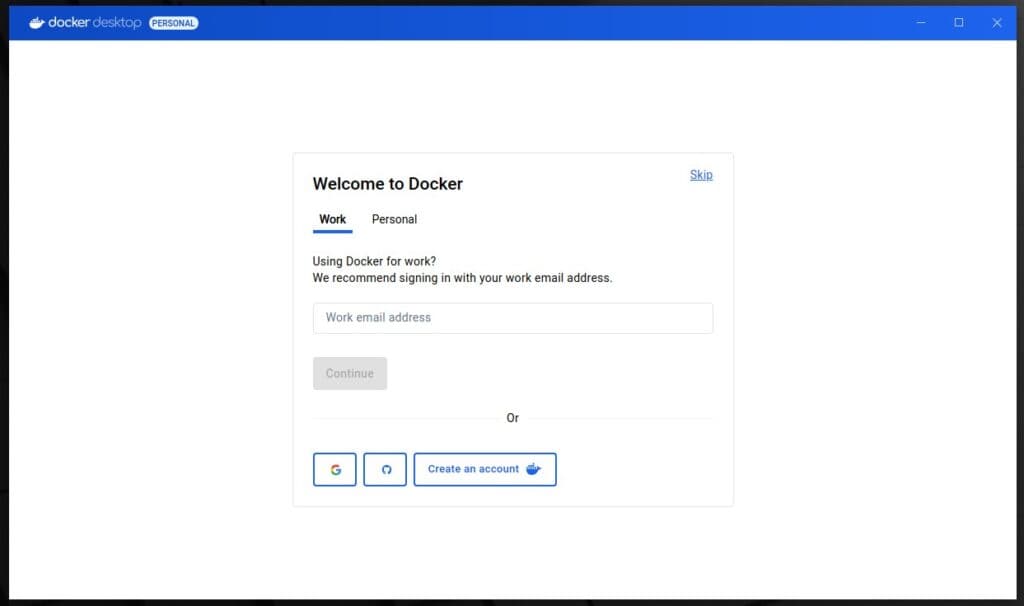 Choose to log in to your Docker Desktop subscription or continue without it.