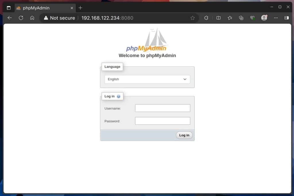 phpMyAdmin login screen.