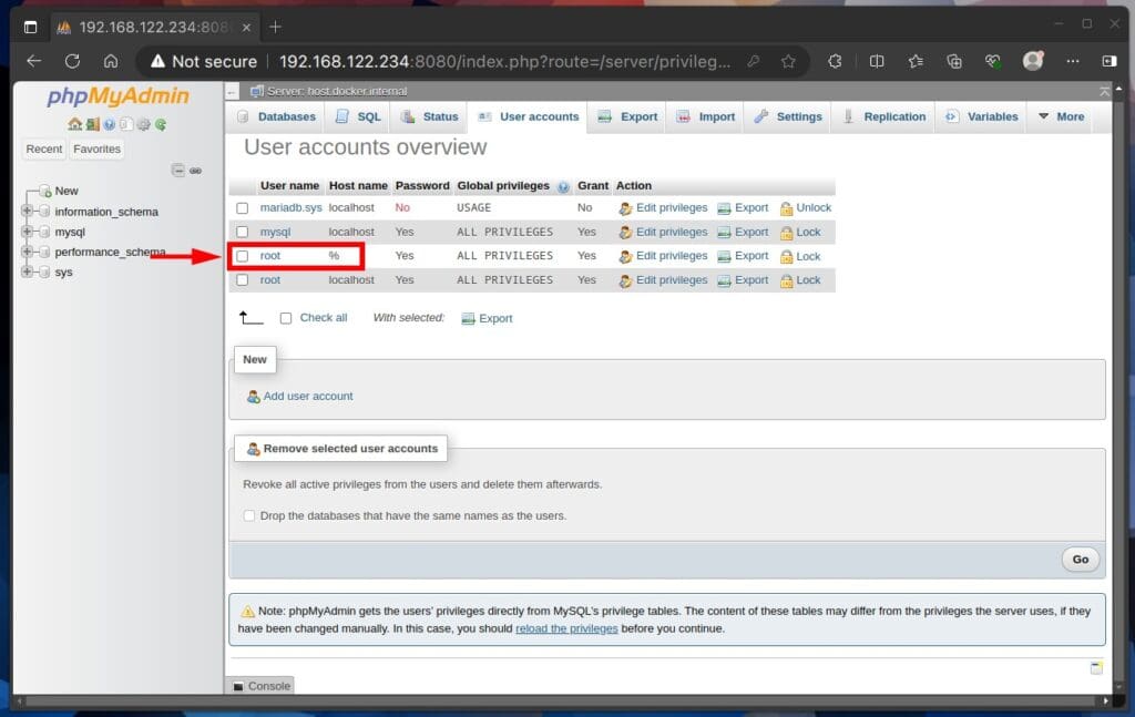 Enable remote connection of the "root" user to the MySQL server.