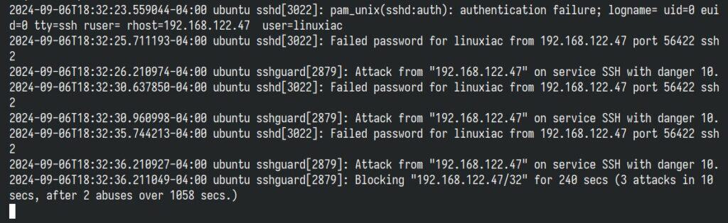 SSHGuard's activities and actions are also written in the log file.