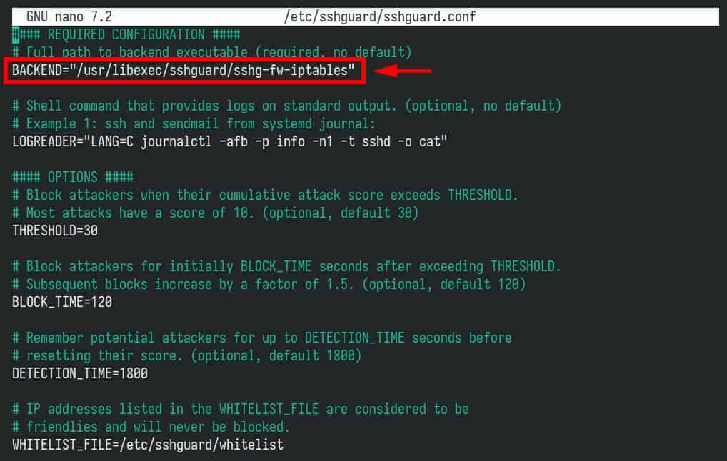 SSHGuard configuration using iptables for the backend.