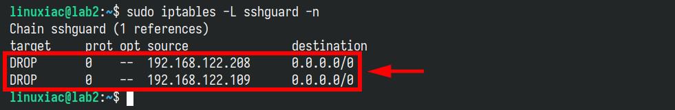 List the IP addresses blocked by SSHGuard's iptables backend.