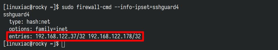 List the IP addresses blocked by SSHGuard’s firewalld backend.