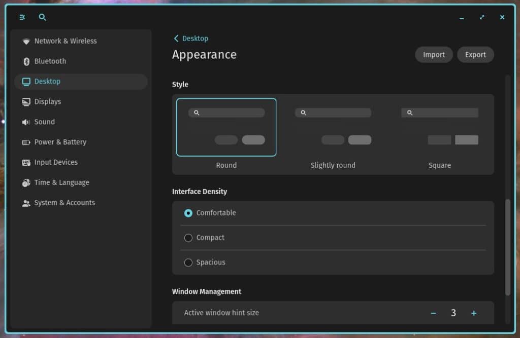 Interface density settings.