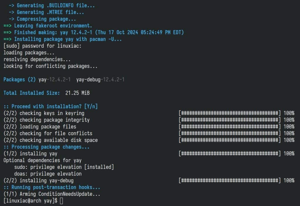 Installing the yay AUR helper on Arch Linux.