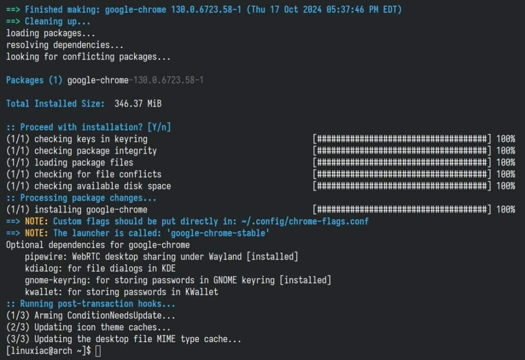 Google Chrome has been successfully installed on Arch Linux.