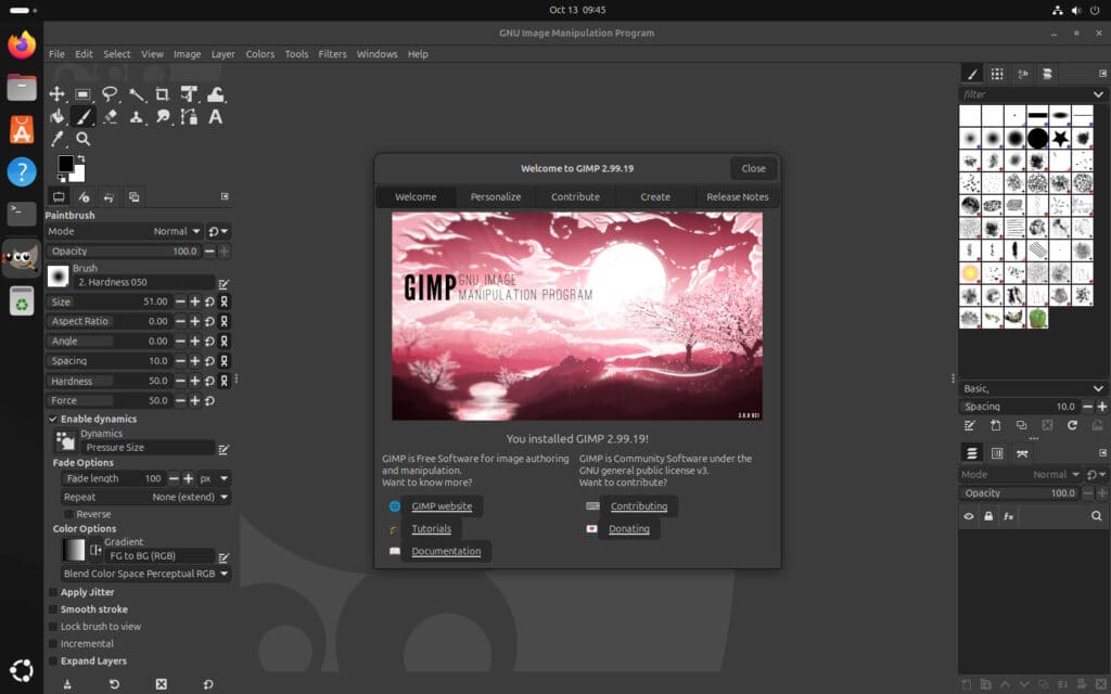 GIMP preview release running on Ubuntu.