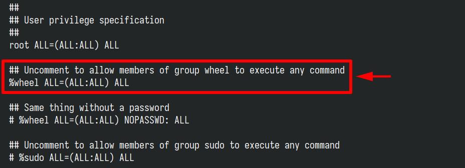 Allow the 'wheel' group to use sudo commands.