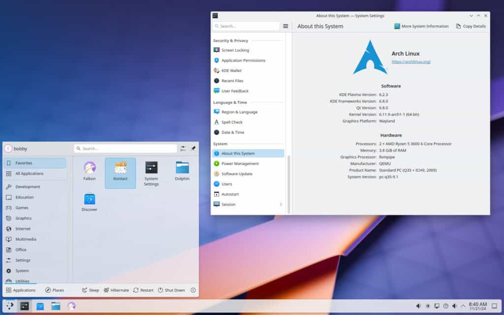 The KDE Plasma desktop environment was successfully installed on Arch Linux.