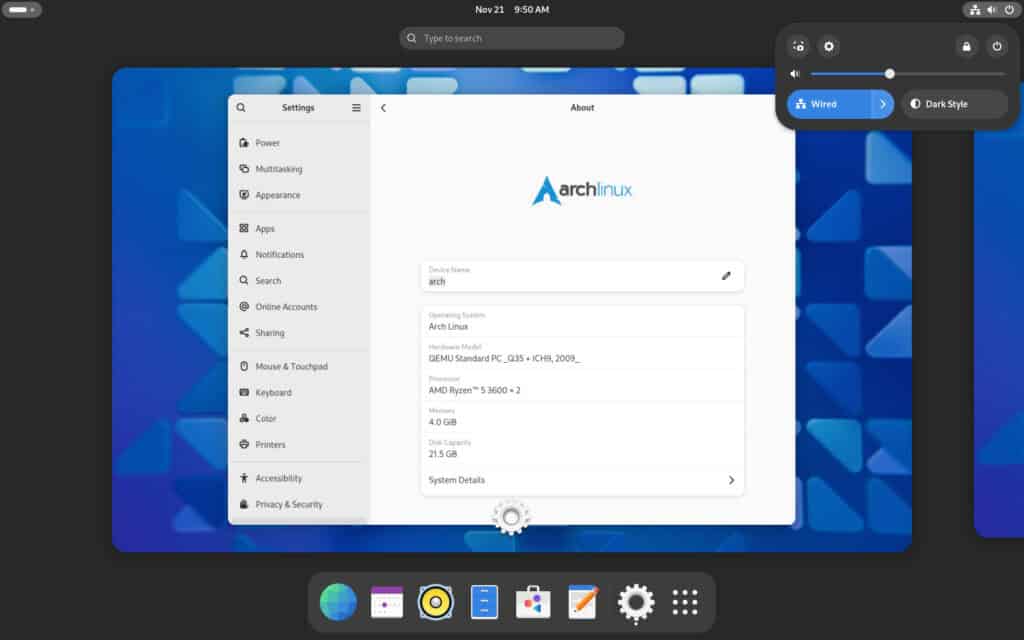 GNOME desktop environment was successfully installed on Arch Linux.