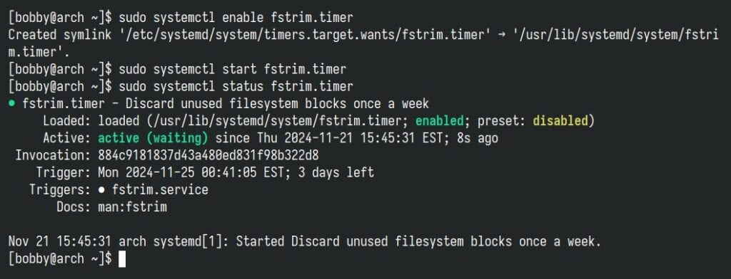 Enabling TRIM on Arch will keep your SSD healthy longer.