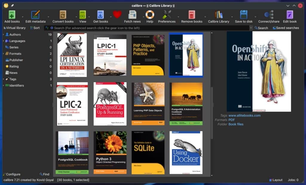 Calibre 7.21 e-book management tool.