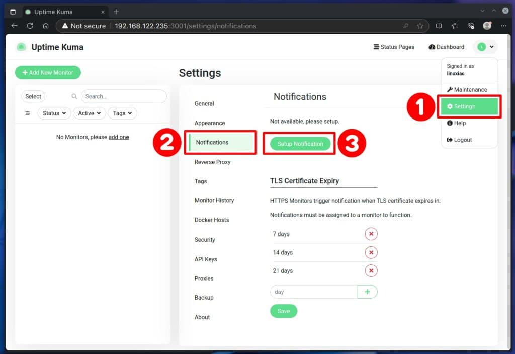 Set up Uptime Kuma notifications.