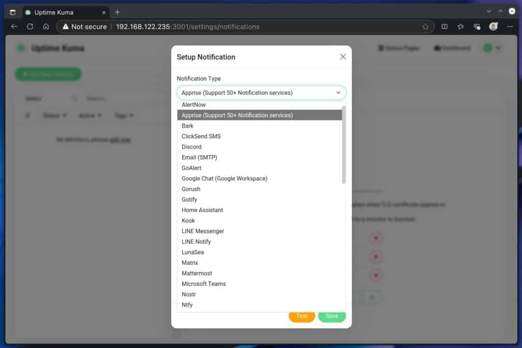 Uptime Kuma supported notification services.