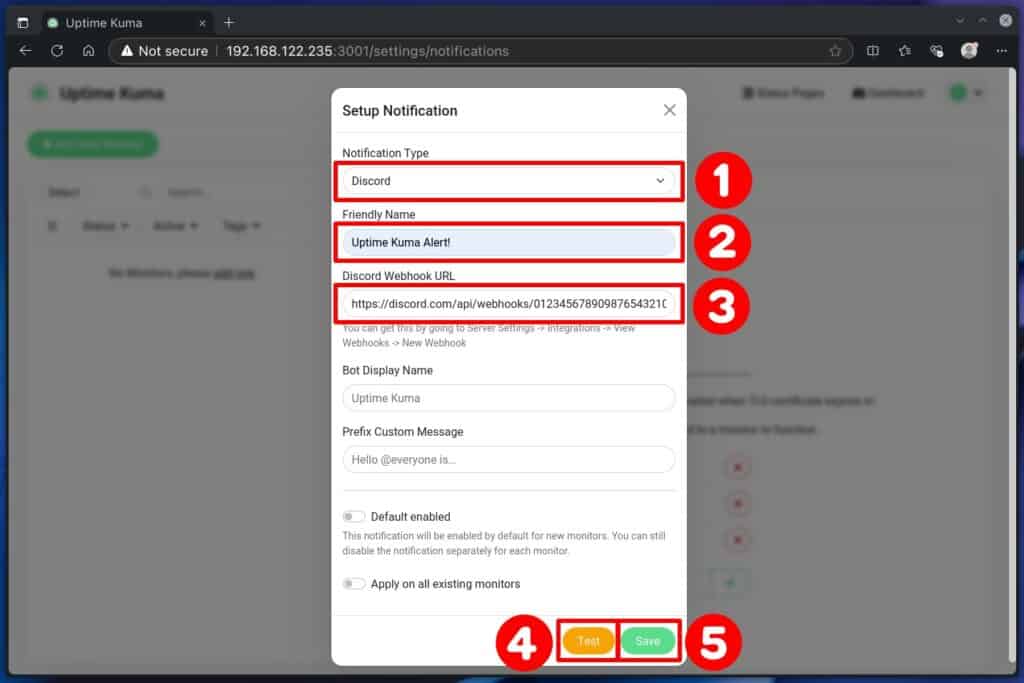 Setting up Discord as a Uptime Kuma notification service.