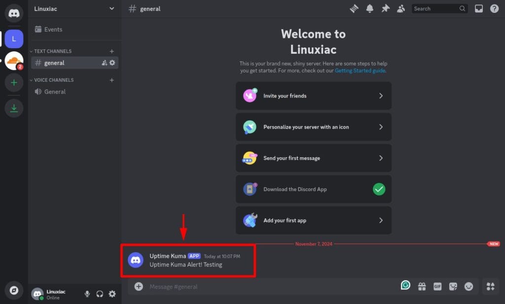 Successful integration of Discord as Uptime Kuma notification services.