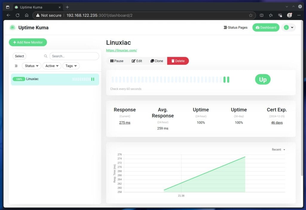 Uptime Kuma HTTPS monitoring is set up.