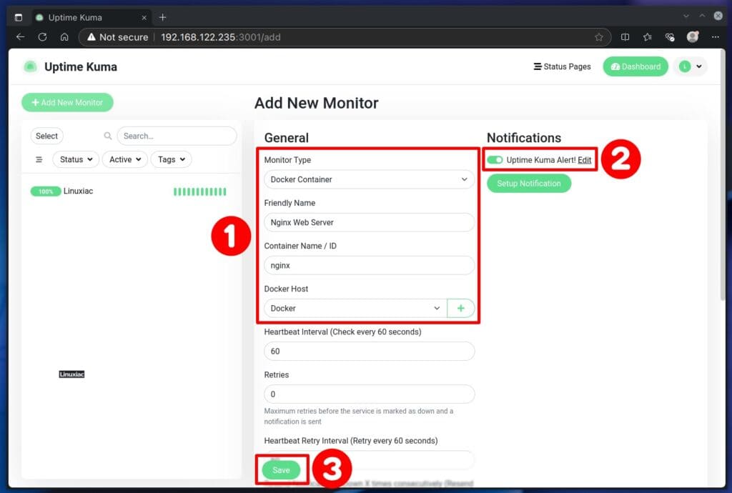 Add new monitoring for Docker containers in Uptime Kuma.