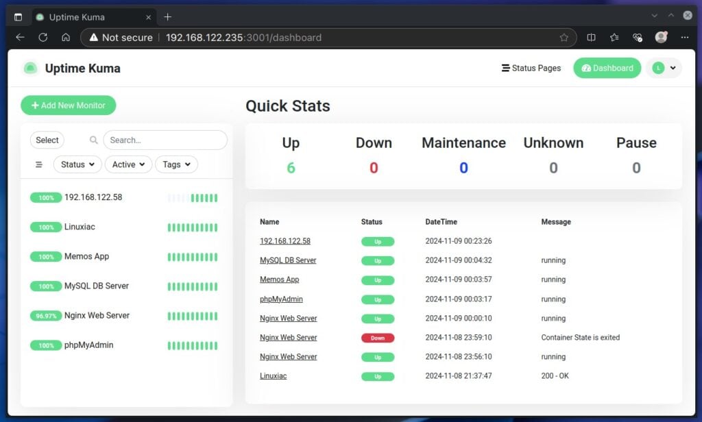 Uptime Kuma monitoring tool.